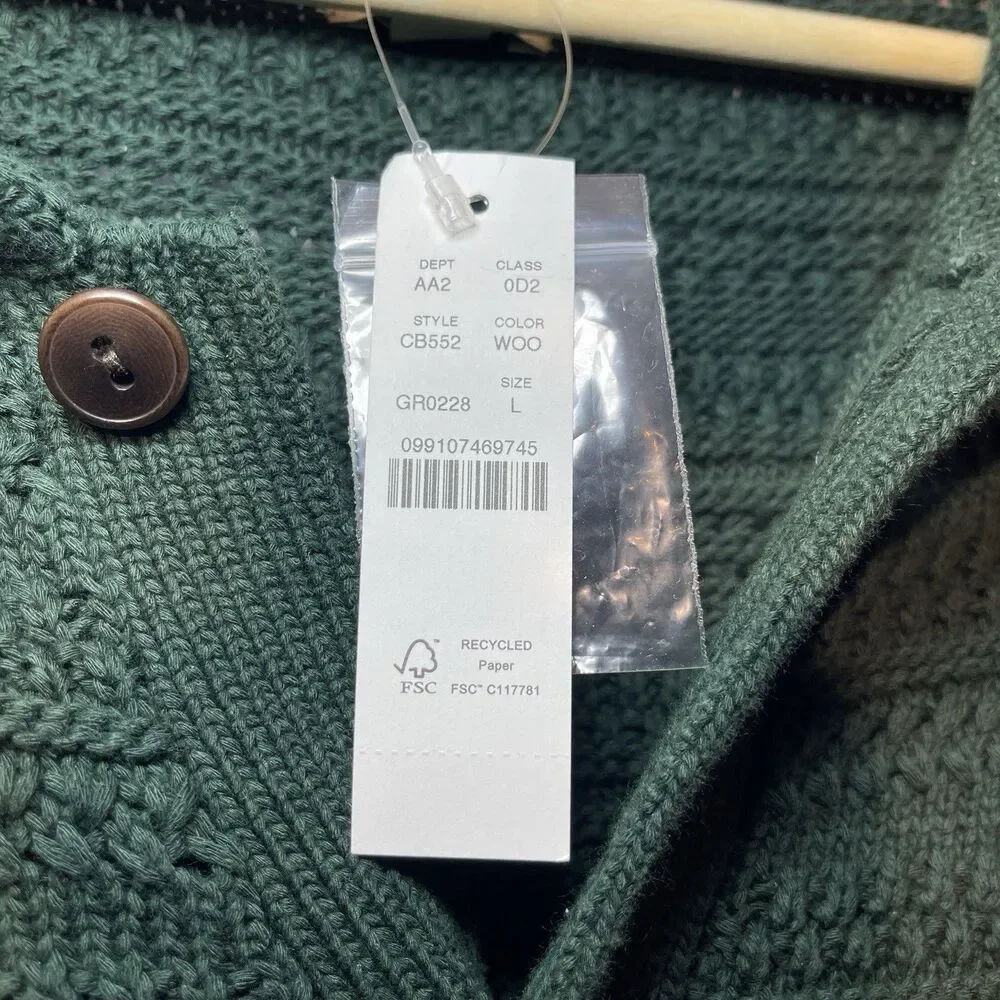 NWT J Crew Short Sleeve‎ Open-Stitch Polo Cardigan Sweater Green Mens Large